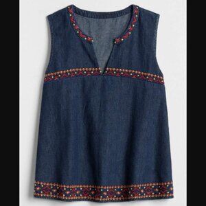 GAP Sleeveless Embroidered Ruffle Blouse Top Shade Dark Wash Denim Size L